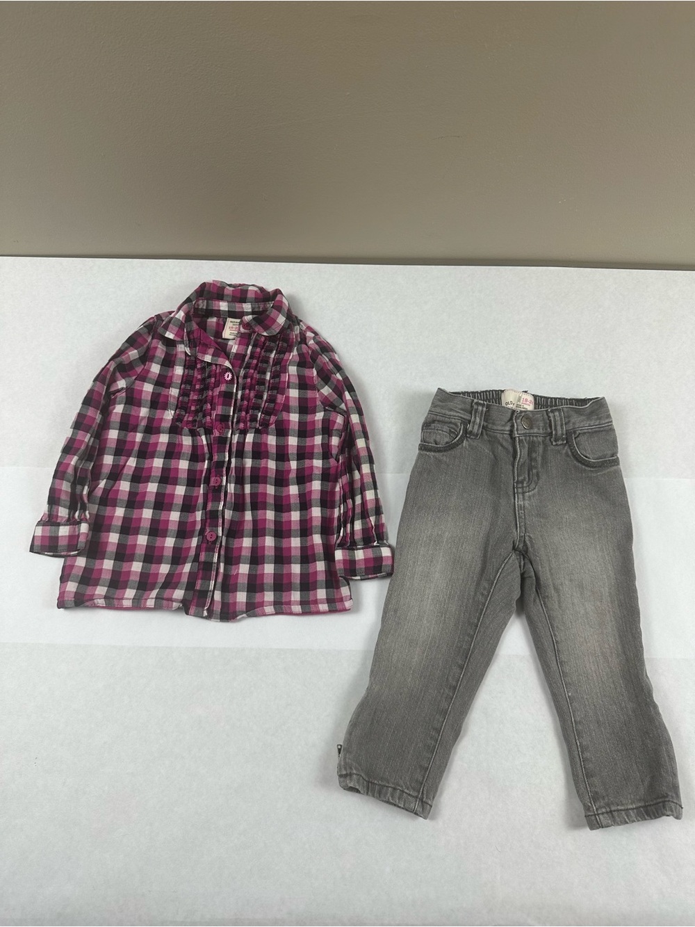 Old Navy  Plaid Ruffle Shirt with Matching Gray Jeans